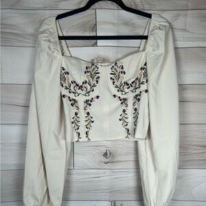 Bridgerton Vibes! Promesa Cream Puff Sleeve Crop Blouse with Embroidery. Size S
